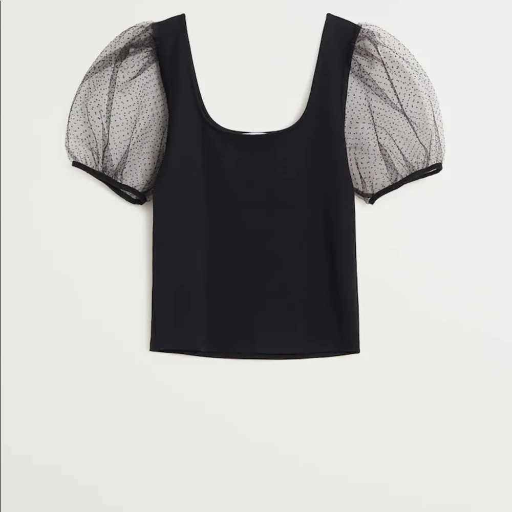NWT Mango Square Neck Mesh Sheer Puff Sleeve Top - Picture 7 of 9